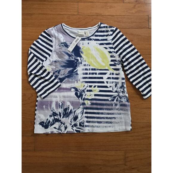 Zenergy By Chicos Striped Floral Print T Blue White 3Q Sleeve New With Tags MP - Picture 1 of 6